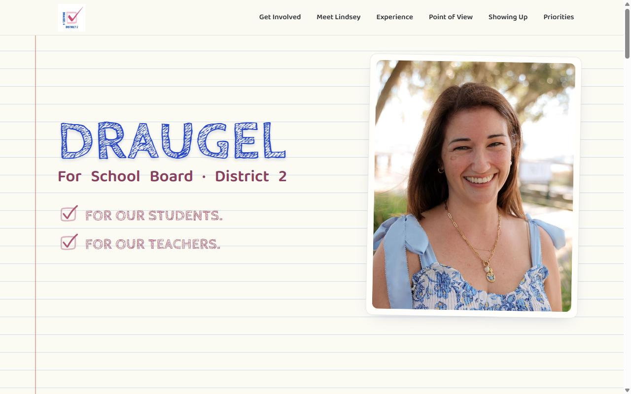 Draugel for District 2 school board campaign website hero.