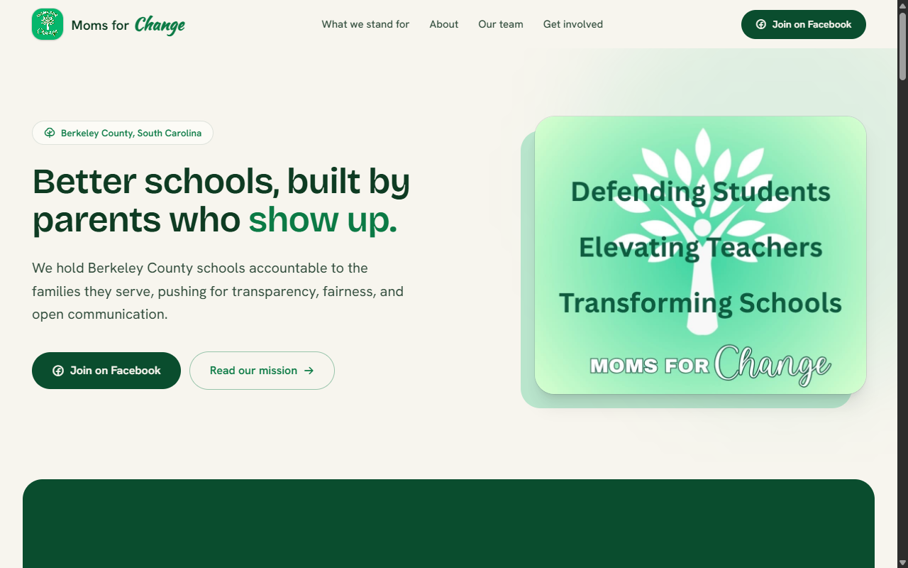 Moms for Change website hero, a Berkeley County school accountability civic platform.